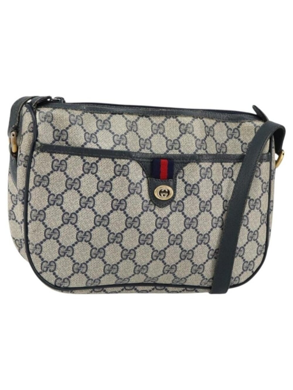 Authentic GUCCI GG Supreme Sherry Line Shoulder Bag PVC Navy Gold 89 02 077